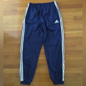 Adidas running pant, size L, navy blue w/white stripes